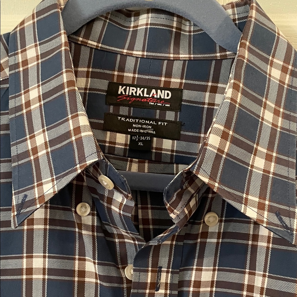 Kirkland Signature Blue and Brown Plaid Button-Down Shirt